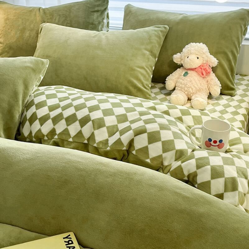 Styled bed with plush plaid warm soft sheet set, inviting bedroom comfort