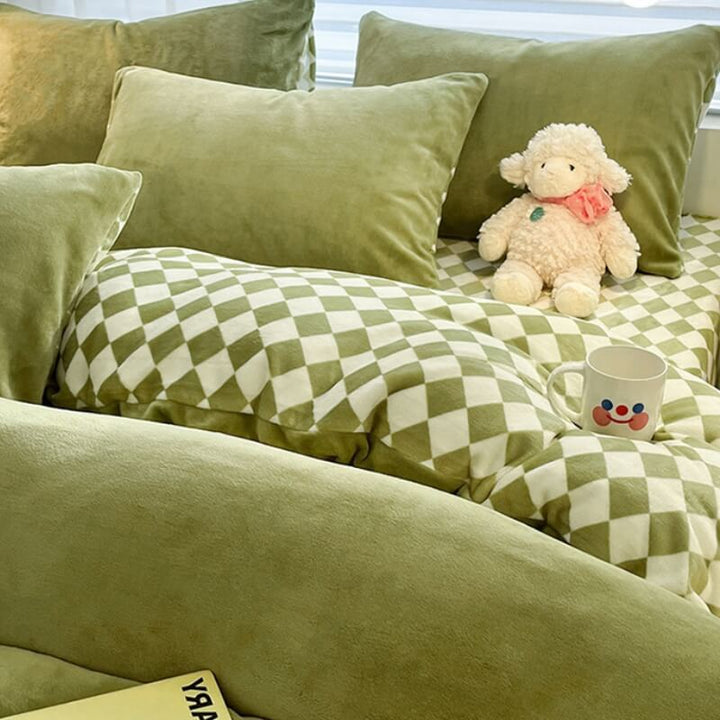 Styled bed with plush plaid warm soft sheet set, inviting bedroom comfort