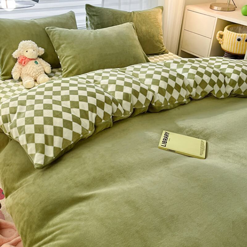 Texture swatch of a plush plaid warm soft bed sheet, premium bedding