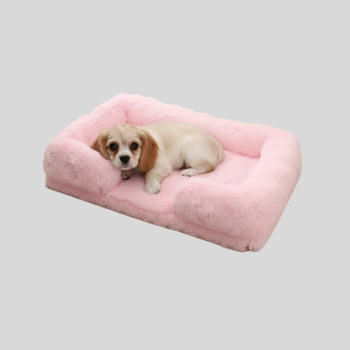 Neutral-toned rectangular pet bed, blends with home decor, cozy and calming for pets. New arrival.