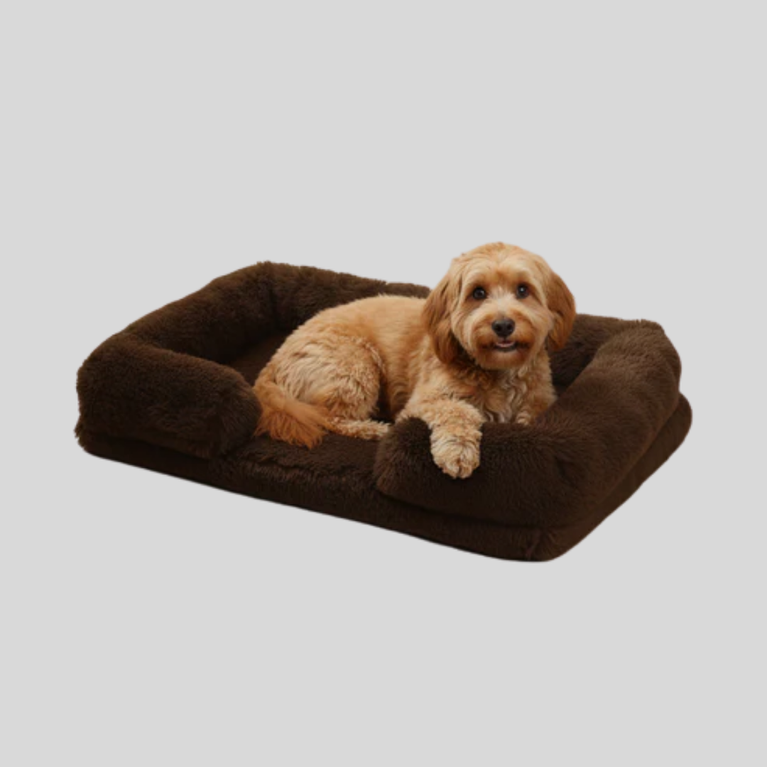Cozy cat bed, rectangular shape with plush material, ideal for a calming pet rest. Washable.