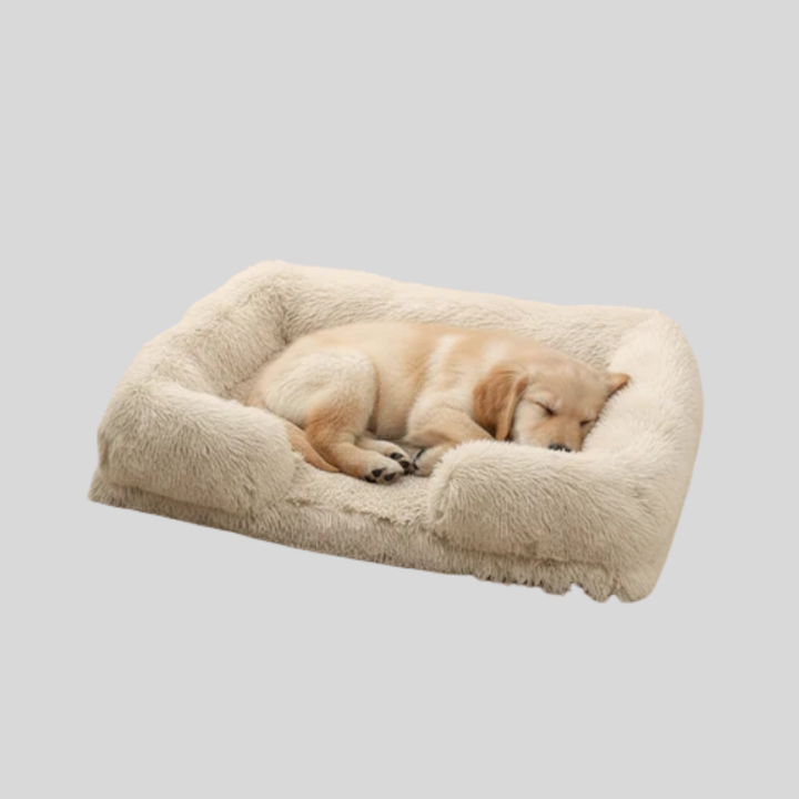 Washable rectangular pet bed, plush texture for cozy comfort, great for anxious pets.
