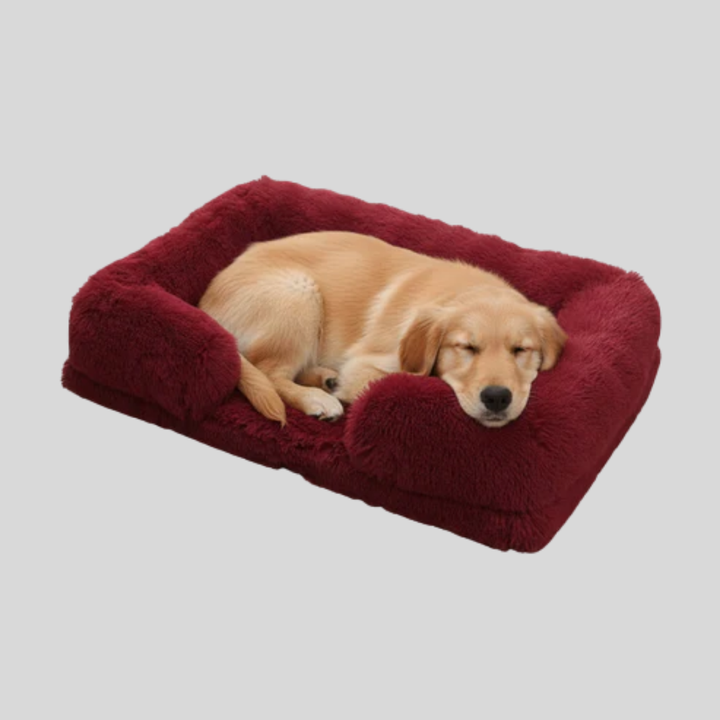 Calming pet bed, rectangular shape with thick walls for security, ideal for anxious pets.