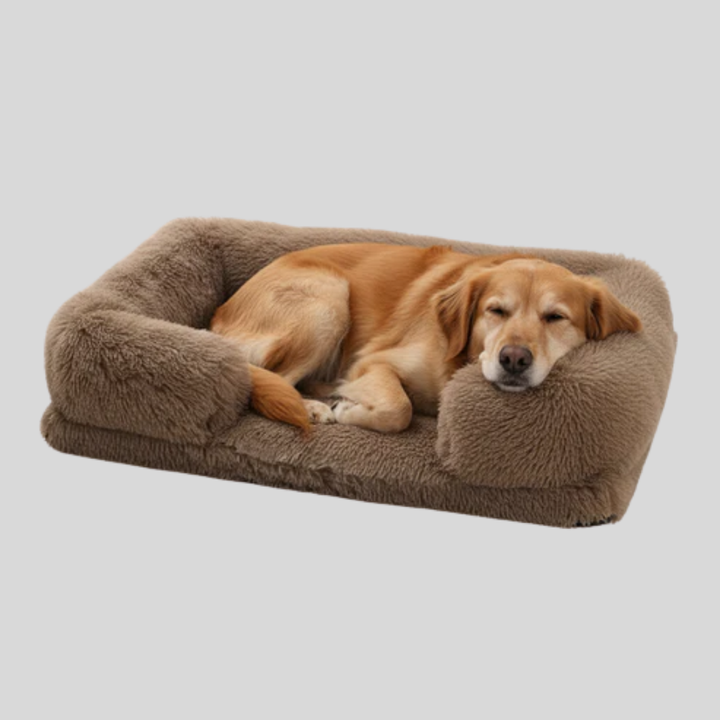 Luxurious rectangular pet bed, super soft plush for dogs & cats, promotes deep sleep.