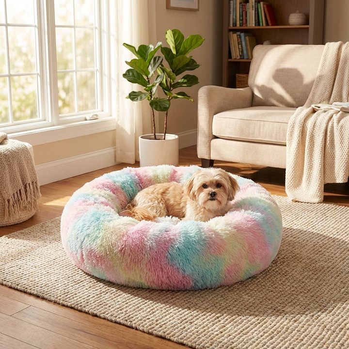Plush round calming dog bed for anxiety relief, soft grey faux fur, comfort for small to medium pets.
