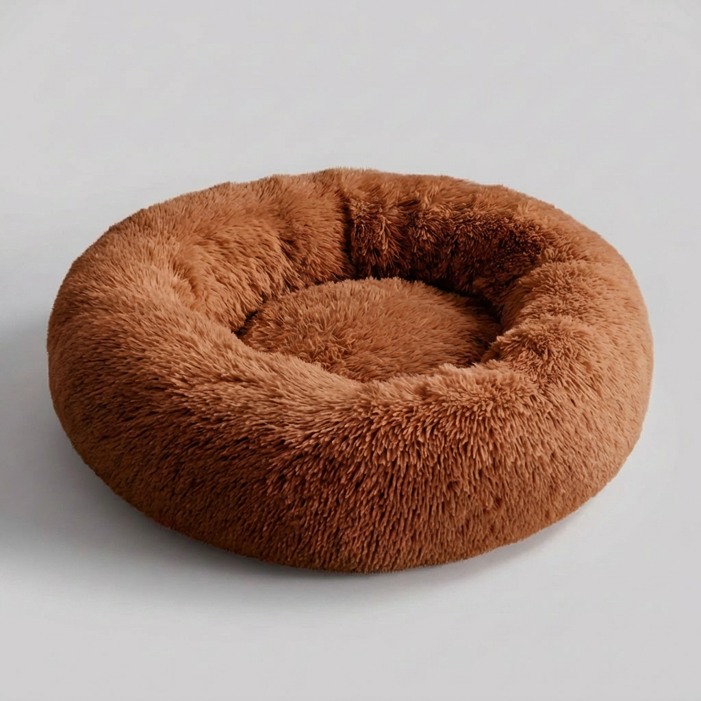 Happy dog sleeping soundly in a plush anti-anxiety pet bed, providing ultimate comfort and relief for pets.