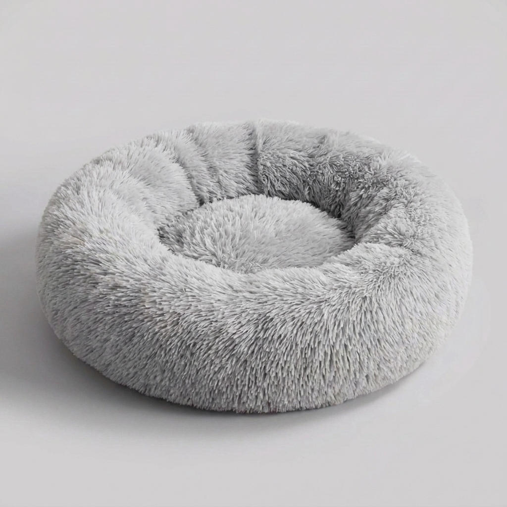 Soft faux fur texture of a washable calming dog bed, designed for ultimate comfort & anxiety relief in pets.