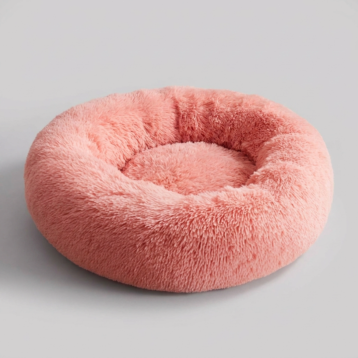 Round plush pet nest bed, a comfort dog bed providing anti-anxiety support, washable & soft for pets.