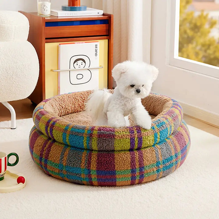 Plush round dog bed, cozy cuddler with raised sides for comfort in taupe