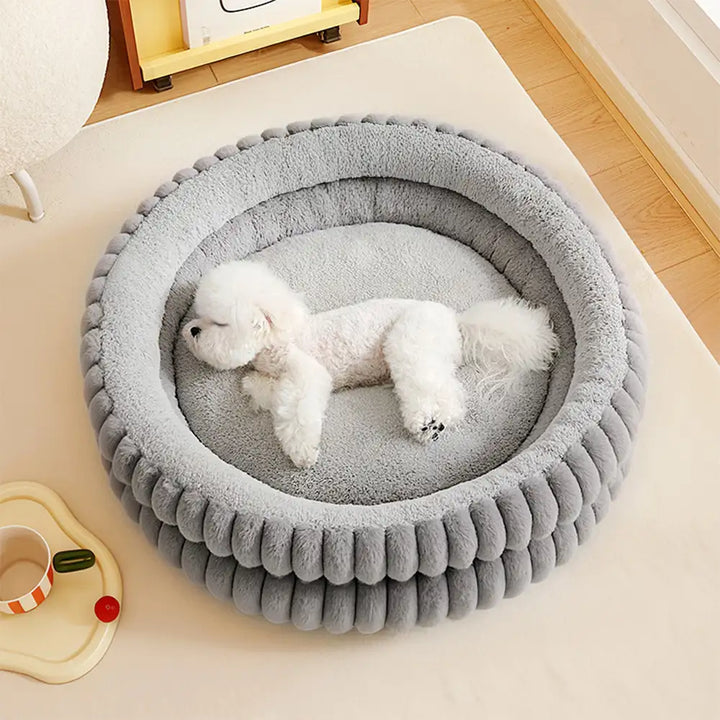 Luxury round pet bed, vibrant red plush, cozy cuddler design with elevated sides for comfort
