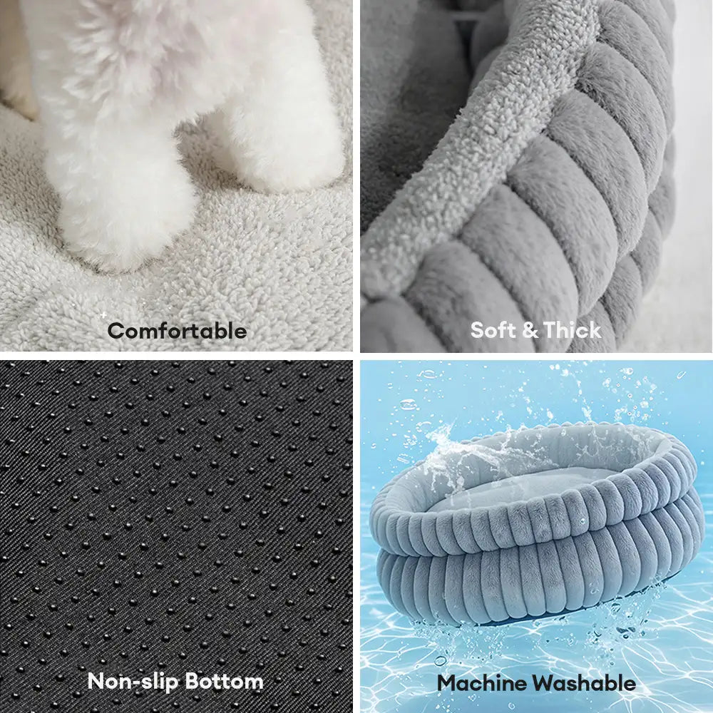 Cozy cuddler pet bed, brown, plush and round, featuring supportive raised bolsters for dogs & cats