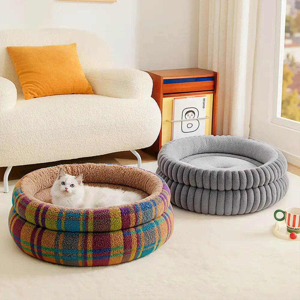 Unisex pet bed, cozy cuddler style, light grey with thick, supportive bolsters for ultimate comfort