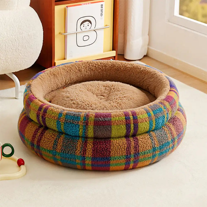 Supportive pet bed, blue, with high raised sides and plush interior, great for joint relief