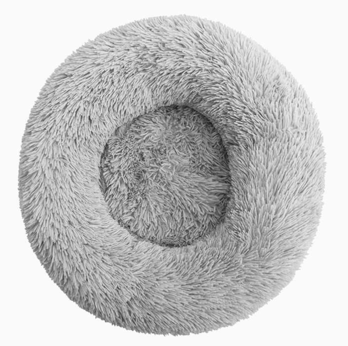 Grey round washable dog bed, plush and soft for pet comfort and care