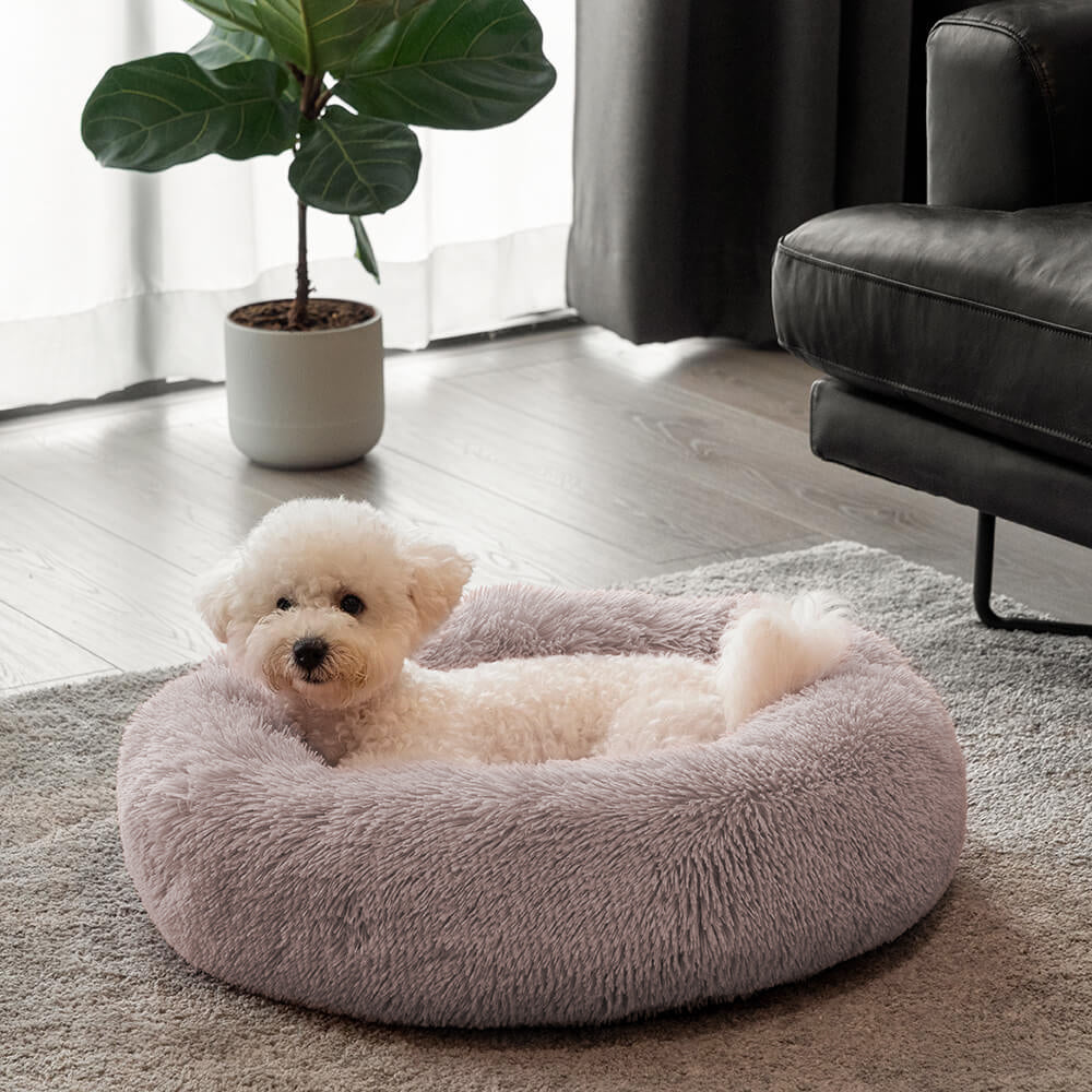 Comforting round dog bed with soft plush fabric, ideal for anxious pets