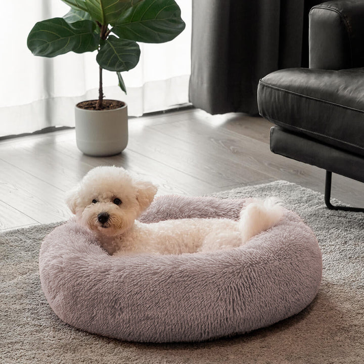 Comforting round dog bed with soft plush fabric, ideal for anxious pets