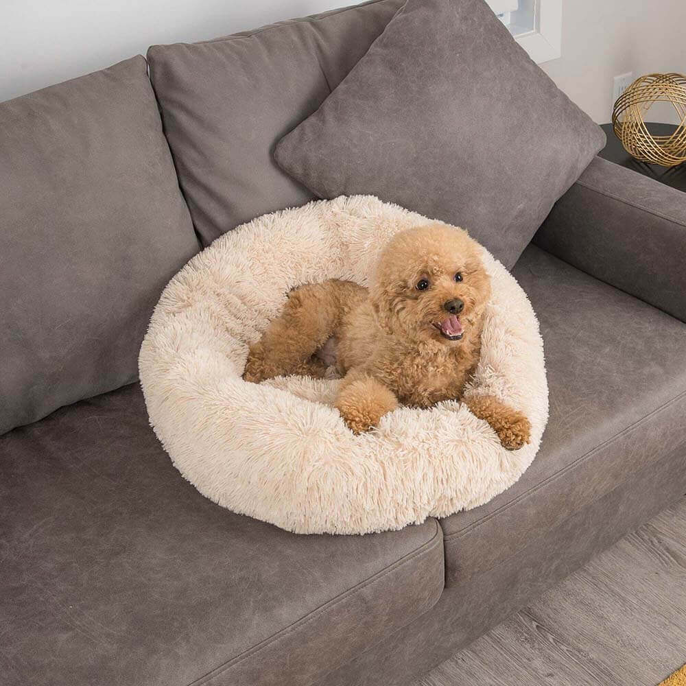 Grey round pet bed, fuzzy texture for ultimate dog comfort and soothing
