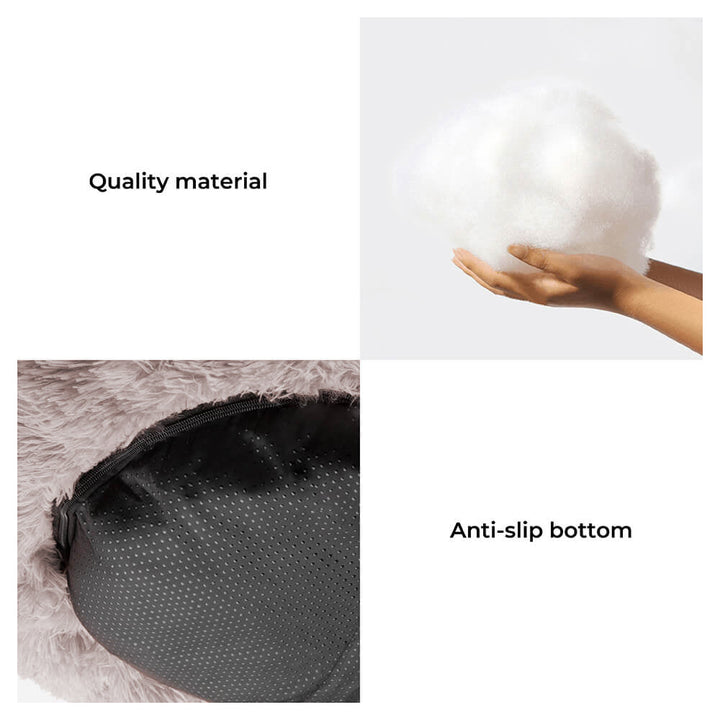 Soft grey round dog bed, fuzzy and plush, promotes pet relaxation