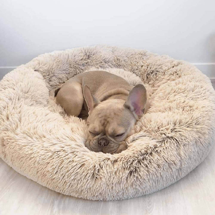 Cozy round pet bed, plush material for dog comfort and anxiety reduction