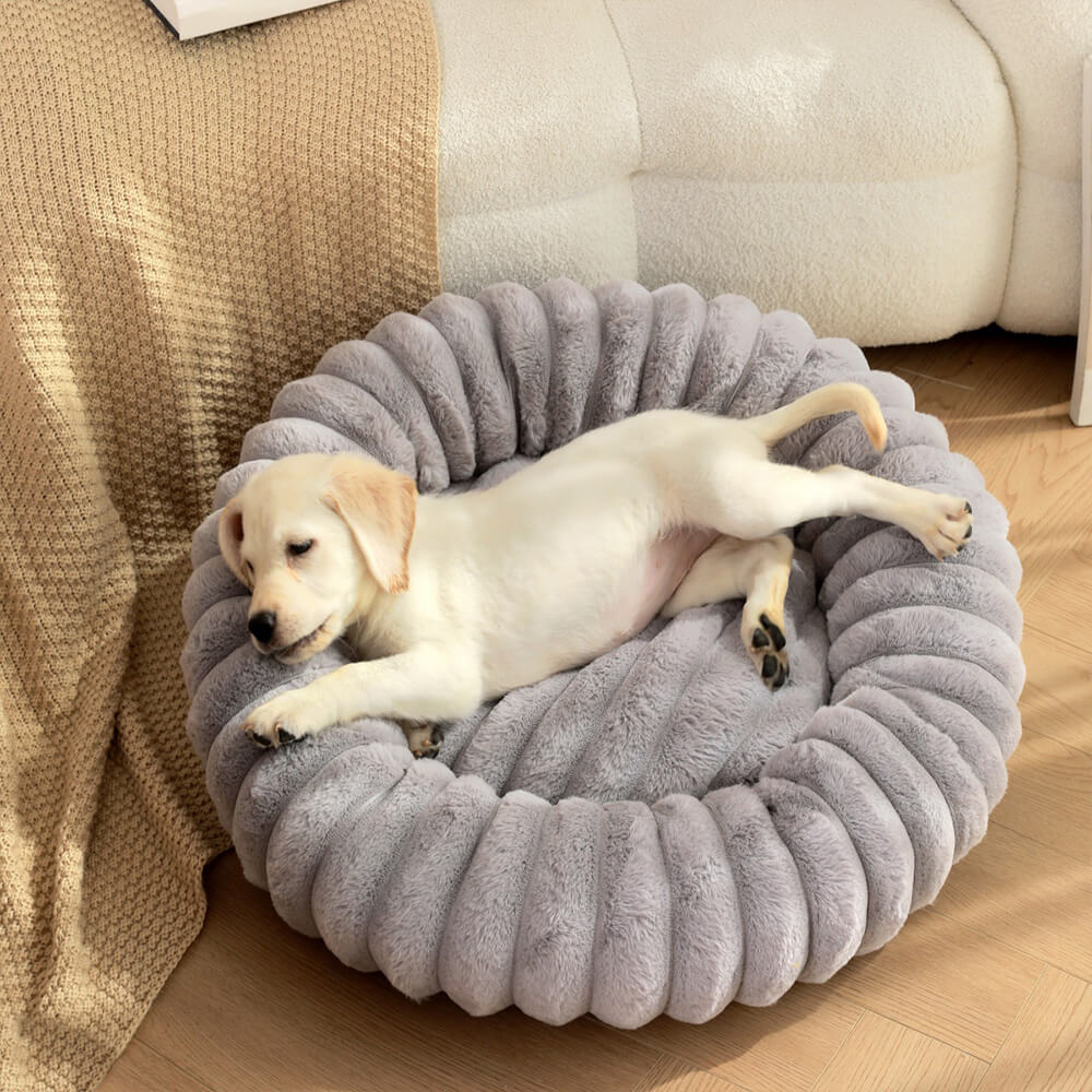 Soft grey plush pet donut bed, ideal calming round bed for cats and small dogs.