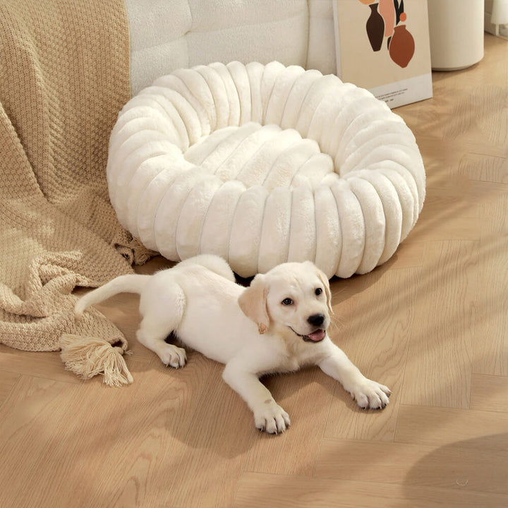 Plush round cat bed in a neutral tone, a soft and calming donut pet bed.