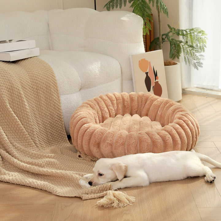 Top-down view of an empty plush donut pet bed, showcasing its round, soft design.
