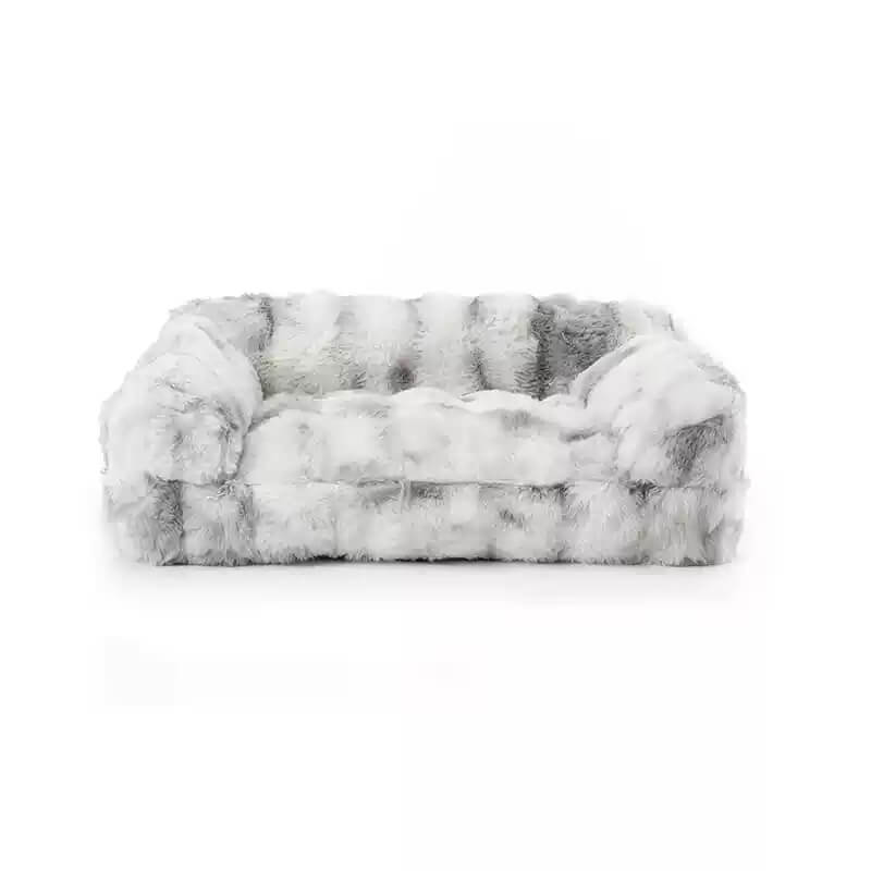 Overhead view of a spacious grey pet calming bed, anti-anxiety design for pets.
