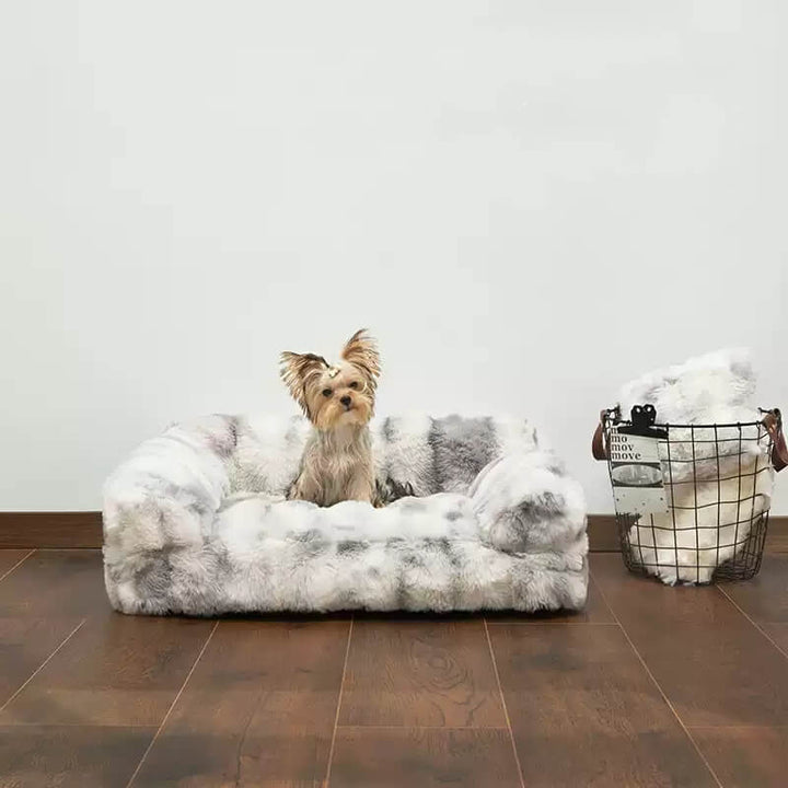 Pet calming plush sofa bed, dark grey, perfect for anti-anxiety support for dogs and cats.