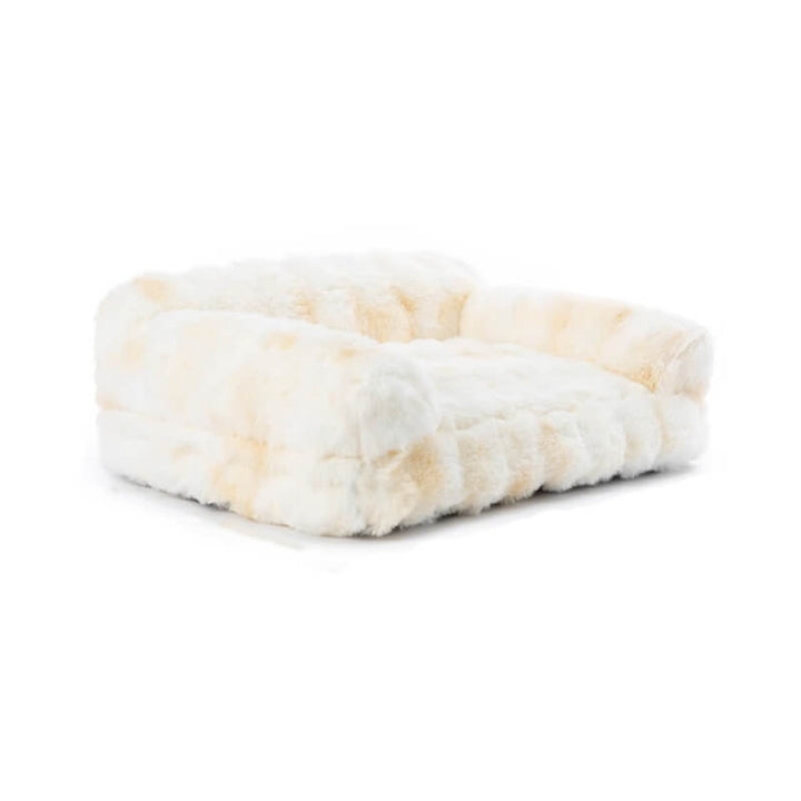 Washable plush pet bed in brown, a comfortable calming sofa for dogs and cats.