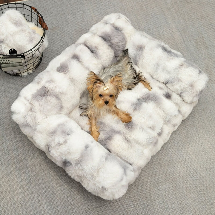 Close-up of fluffy pet bed fabric, showing soft texture, anti-anxiety pet supplies for dog or cat.