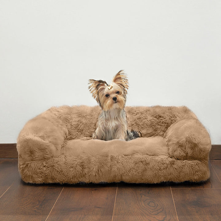 Calming pet bed in blue, featuring raised sides for head support for dogs and cats.