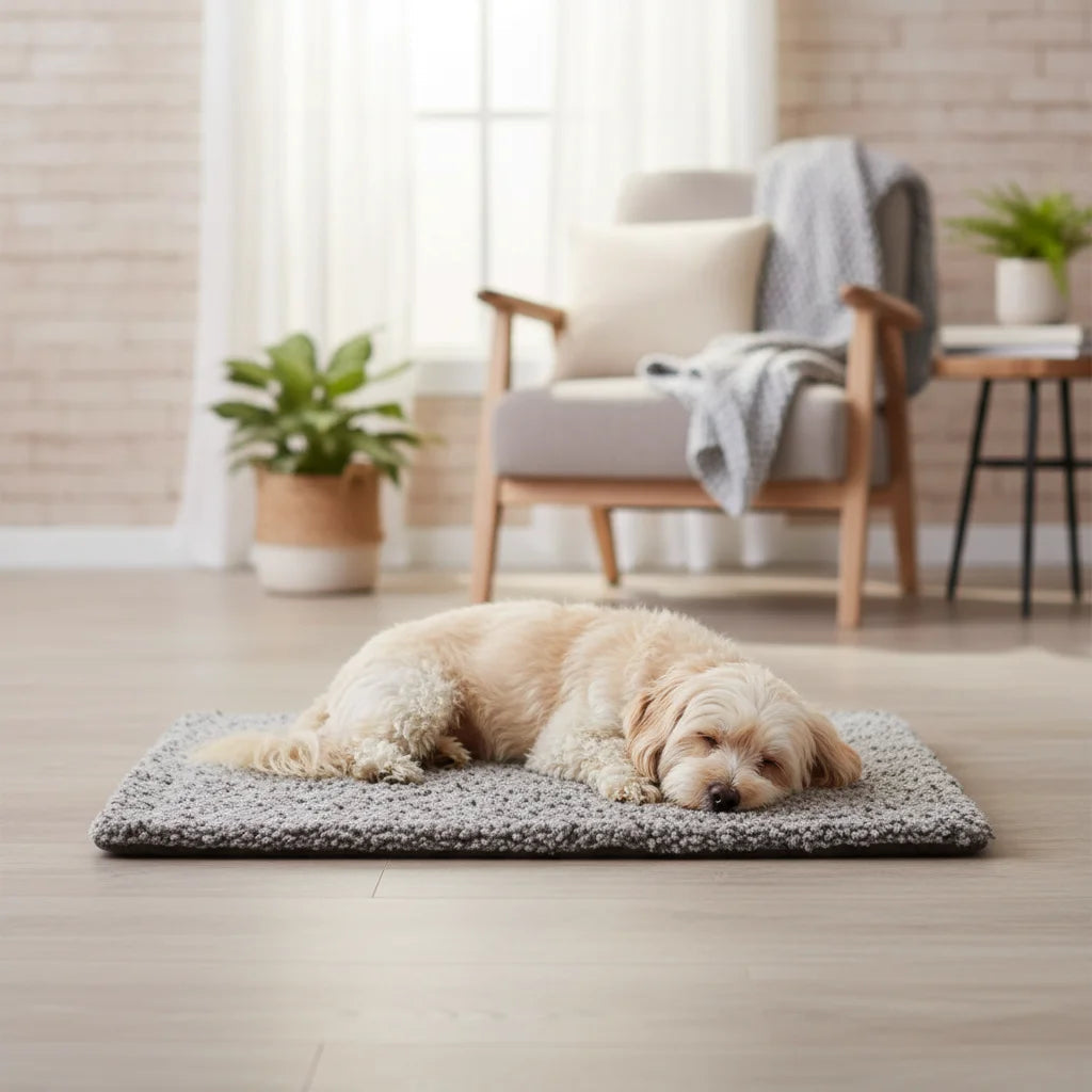 Self-heating dog bed with soft plush fabric, offering warmth and comfort for pet's restful sleep.