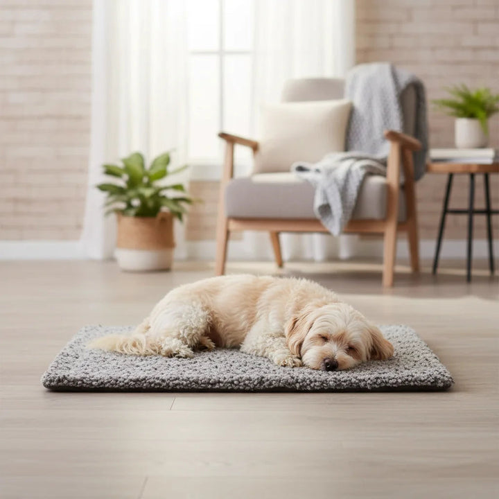 Self-heating dog bed with soft plush fabric, offering warmth and comfort for pet's restful sleep.