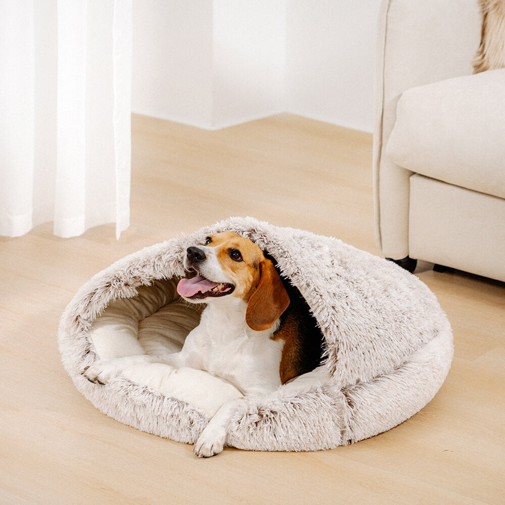 Plush semi-enclosed dog bed in a cozy pet nest design, offering calming comfort and anxiety relief.