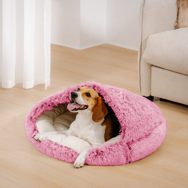 Plush semi-enclosed pet nest ideal for comforting dogs, offering a soft and secure sleeping space.