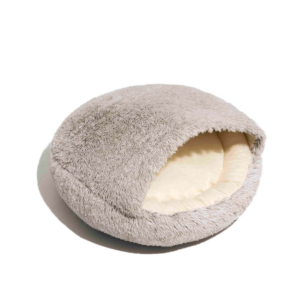 Various angles of the calming plush semi-enclosed dog bed, highlighting its quality and design.