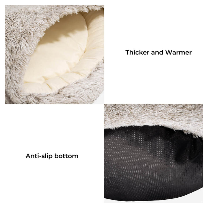 Dog comfortably sleeping inside the semi-enclosed plush pet bed, showcasing anxiety relief features.