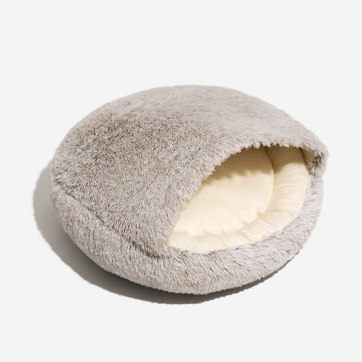 Front view of the plush semi-enclosed pet nest bed, designed for ultimate dog comfort and security.