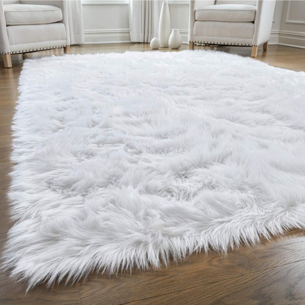 Plush shag area rug in faux wool, beige, for cozy living room bedroom decor