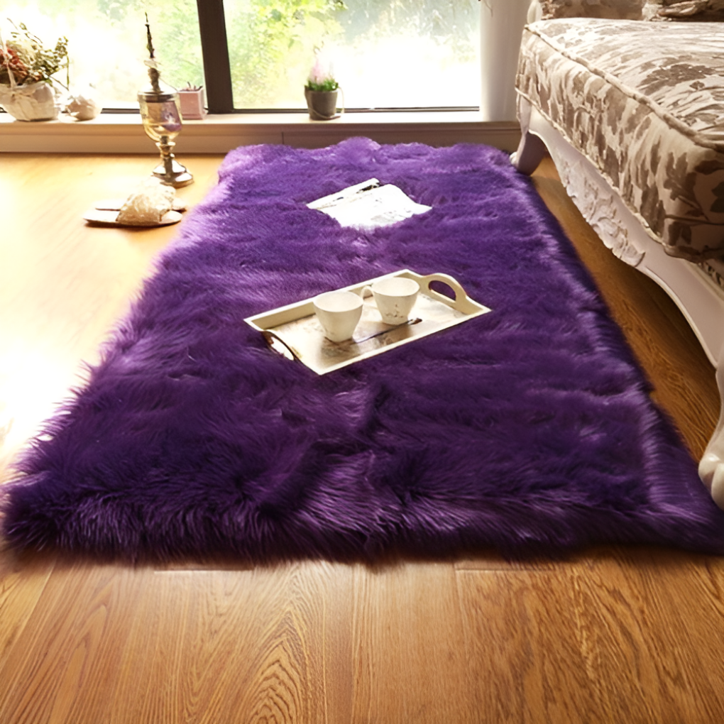 Close-up of soft plush faux wool rug pile for a comfortable bedroom