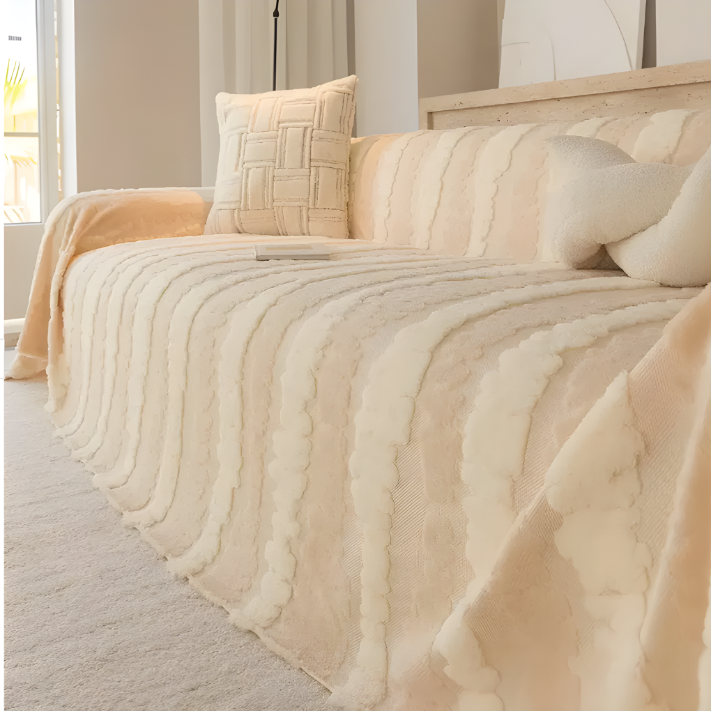 Multifunctional plush blanket for sofa protection, detailing its soft fabric and secure fit for living room.