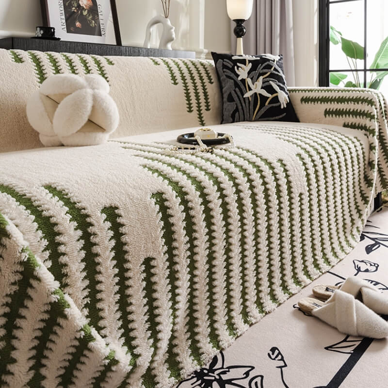 Durable pet-friendly plush sofa protector, shown in a living room setting, offering full coverage