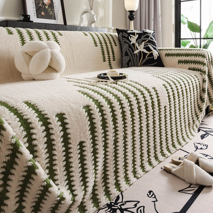 Durable pet-friendly plush sofa protector, shown in a living room setting, offering full coverage
