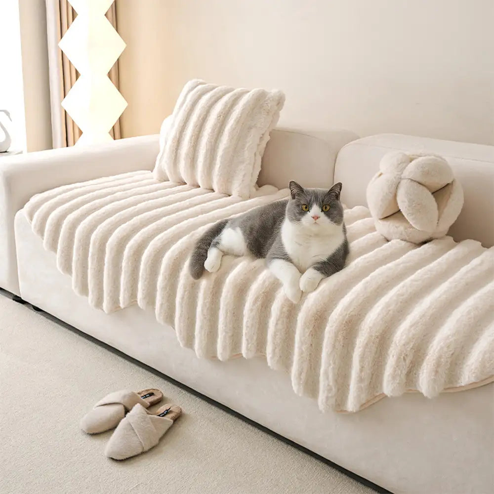 Plush sofa cover in a neutral color, protecting a living room couch from pet wear.