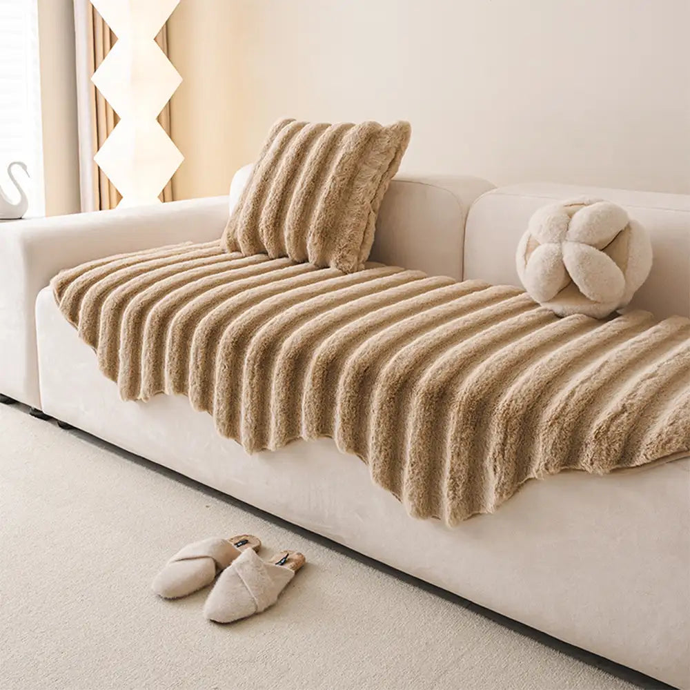 Soft, non-slip plush couch cover, designed as a durable furniture protector for pets.