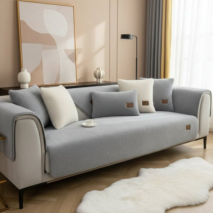Plush sofa cover in a warm color, offering cozy comfort & furniture protection for winter.