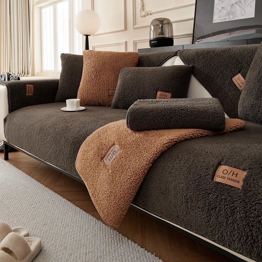 Ultra-soft plush sofa cover for winter comfort, adding warmth and a cozy feel to your couch.