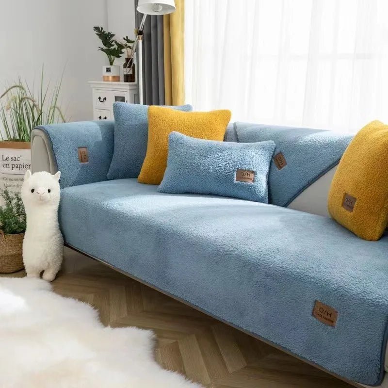 Thick plush couch protector, safeguarding your sofa from spills, pets, and daily use.