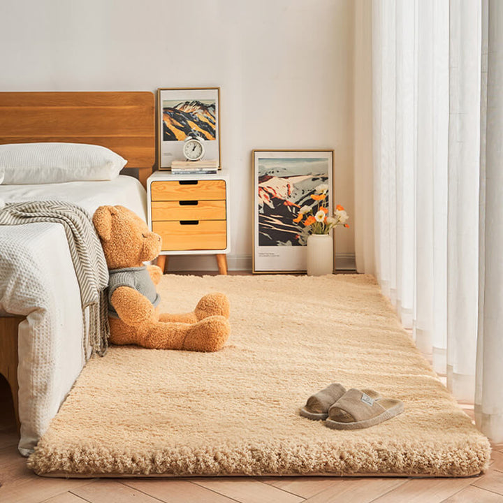Plush soft grey shaggy area rug, cozy non-slip bedroom carpet with thick pile, polyester floor covering.