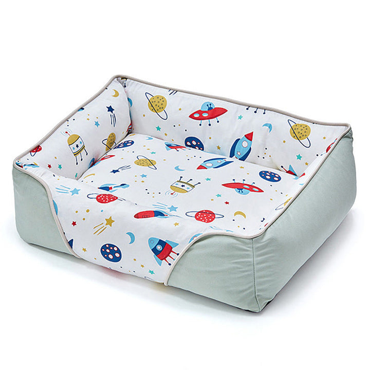 Ergonomic pet bed, plush and soft, designed with a neck guard for support.